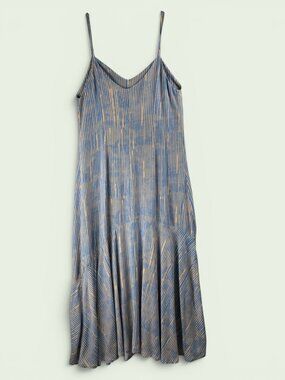 Zinzane Slip Dress Blue Beige Stripe Asymmetrical Ruffle Maxi S